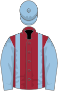 Maroon, light blue braces, sleeves and cap