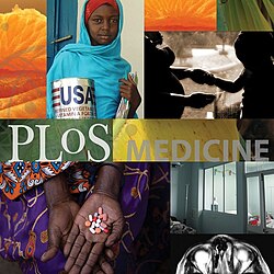 Montage with central stripe reading "PLoS MEDICINE". Other images are orange segments, a woman in a blue shawl carrying a food package labelled "USA", a pregnant woman holding hands with a child, a hand holding several different pills over a lap covered by a colorful dress, patients in a hospital, and pills on a leaf.