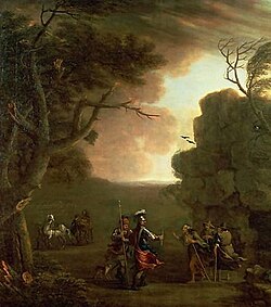 John Wootton's 1750 Macbeth and Banquo meeting the Weird Sisters.