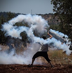 A protester uses a sling to send a tear gas grenade back towards Israeli soldiers during a Palestinian weekly protest in Ni'lin, July 2014.