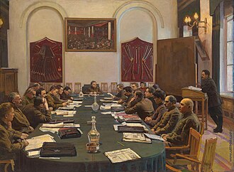 Socialist realist - Assembly of the Revolutionary Military Council of the USSR, Chaired by Kliment Voroshilov; by Isaak Brodsky; 1929; oil on canvas; 95.5 x 129.5 cm; private collection