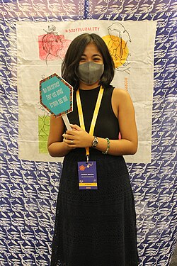At the #VisibleWikiWomen photo booth, Wikimania 2023 Singapore