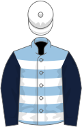 Light blue and white hoops, dark blue sleeves, white cap