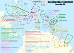 Map of the ecclesiastical provinces and dioceses of the Catholic Church in the Caribbean