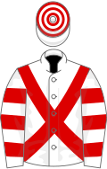 White, red cross-belts, hooped sleeves and cap