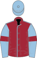 Maroon, light blue seams, light blue sleeves, maroon armlets, light blue cap