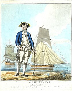 1777 illustration of a Royal Navy lieutenant. When British naval officers were first issued uniforms in April 1748, marine blue became the official colour of their coats.