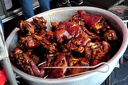 Wanluan pork knuckle – a Taiwanese dish wherein the meat is simmered in a broth flavored with dozens of spices and traditional medicinal herbs, including star anise and cinnamon.