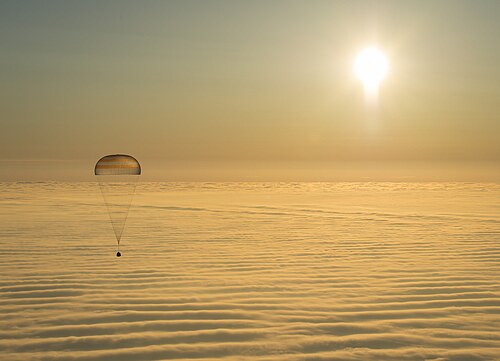 Soyuz TMA-14M spacecraft during its descent by parachute through planet Earth's dense atmosphere