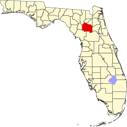 A state map highlighting Alachua County in the corner part of the state. It is medium in size.