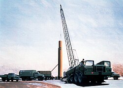 R-36 missile being lowered into a missile silo.