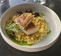 Pacific halibut with miso marinade on a corn and mushroom Succotash