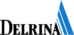 The name "Delrina" spelled in black serif letters, with the final "A" extended to the upper right by a large blue triangle pattern
