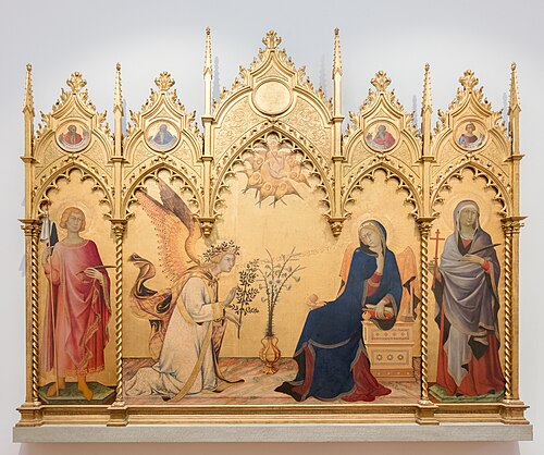  An altarpiece with a golden background and a frame surmounted by five richly carved Gothic pediments. Centre, the Virgin Mary, who has been reading, turns in alarm as the Angel Gabriel kneels to the left. The angel's greeting "Ave Maria, Gratia Plena" is embossed on the gold background. The figures are elongated, stylised and marked by elegance. There are saints in the side panels.