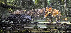 Painting of various dinosaurs in a swamp area