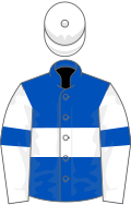 Royal blue, white hoop, white sleeves, royal blue armlets, white cap