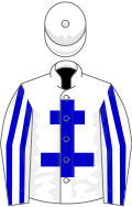 White, blue cross of lorraine, striped sleeves, white cap