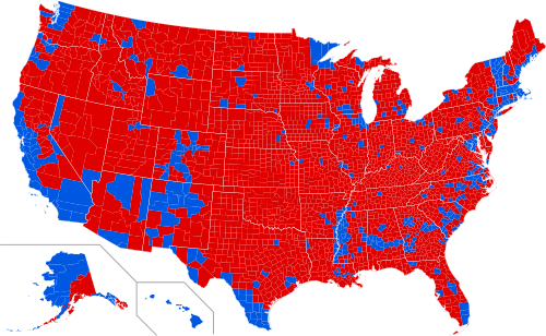 Results by county. Red denotes counties that went to Trump; blue denotes counties that went to Clinton.