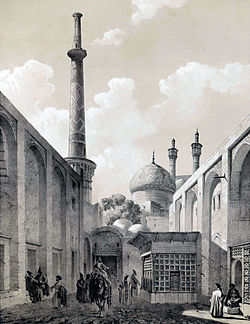 Drawing of street with minaret and mosque in background
