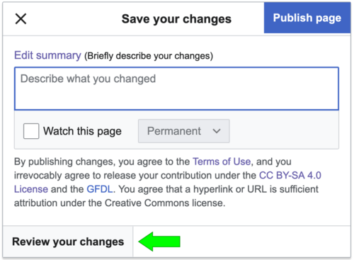 Review changes link in VE Save your changes dialog