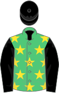 Emerald green, yellow stars, black sleeves and cap