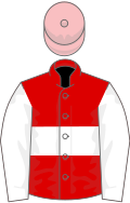 Red, white hoop, white sleeves, pink cap