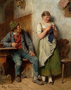 Interior with a forester's assistant and a girl knitting, 1889