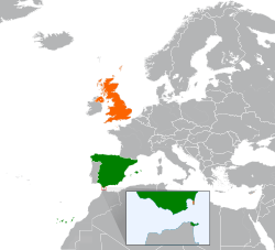 Map indicating locations of Spain and United Kingdom