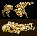 Image 17Scythian golden deer shield ornaments from the Iron Age 6th century BC found in Hungary. Above, the Golden Deer of Zöldhalompuszta is 37 cm, making it the largest Scythian golden deer known. Below, the Golden Deer of Tapiószentmárton. (from History of Hungary)