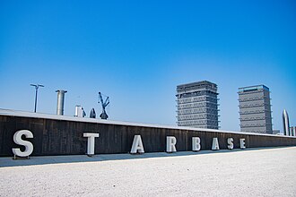 The SpaceX Starbase sign at the entrance of the facility.