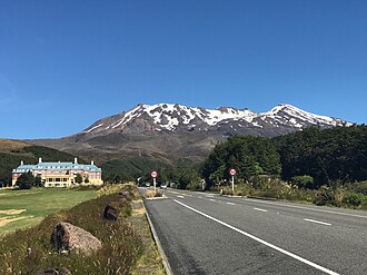Chateau Tongariro and Bruce Road (State Highway 48), with Mount Ruapehu in the background
