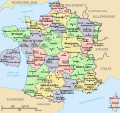 (français) Départements (numérotés) et régions de France avant 01/01/2016 (nommées et colorisées) [regions named/colored]