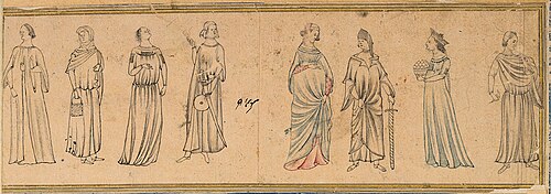 Eight Figures in European Attire, Jalayirid drawing in European style. Baghdad or Tabriz, c. 1370. Saray Album H.2153.