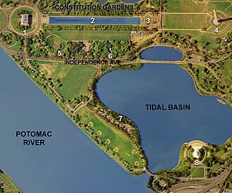 Satellite image of the western portion of the National Mall, the Tidal Basin and West Potomac Park (April 2002). The Washington Channel (not visible) is to the right of the Tidal Basin.