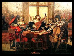 Painting by Abraham Bosse, Musical Society, French,c. 1635. The subject matter depicts amateur social music making, featuring a lute, bass viol, and singers, with part books spread around the table. This is also representative of one kind of broken consort, albeit with minimal instrumentation.