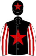 Black, red star, white and red striped sleeves, black cap, red star