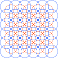 The related five overlapping circles grid is constructed by from two sets of overlapping circles half-offset