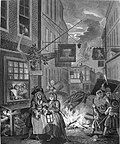 Four Times Night painting by William Hogarth depicting a retail sign c. 1738