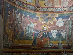 The stoning of Saint Stephen; 1160s; fresco; height: 1.3 m; Saint John Abbey (Val Müstair, Canton of Grisons, Switzerland)
