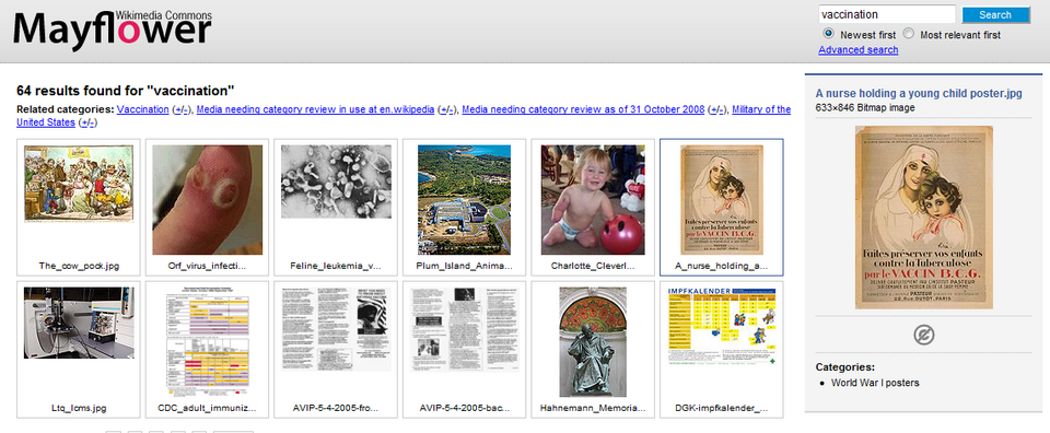 Search results for "vaccination" returned by the Mayflower search engine, arranged in rows of six thumbnail images.  One image is shown magnified at the far right, the result of hovering the mouse over its thumbnail.