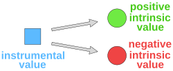 Diagram with a box labelled "instrumental value", two arrows, and two circles labelled "positive intrinsic value" and "negative intrinsic value"