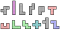 The 12 free pentominoes, colored according to their symmetry