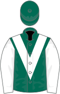 Dark green, white chevron and sleeves, green cap
