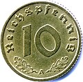 Prewar 10 ℛ︁₰ (reverse). Struck in the same aluminium-bronze as the 5 ℛ︁₰.