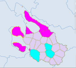 Ethnic townships in Sichuan Mianyang. Purple – Qiang. Red – Tibetan.