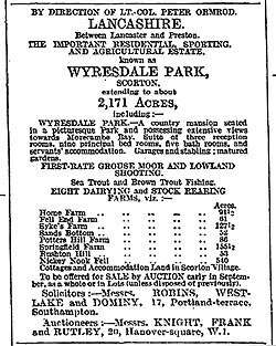 Advertisement for the sale of Wyresdale Park in the London Times in 1922.