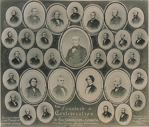 Souvenir Group" photograph published in 1917 commemorating the 1867 Confederation of Canada. It features portraits of the "Fathers of Confederation" who participated in the Quebec Conference held in October 1864.