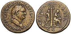 Judaea Capta coin featuring Vespasian and a woman personifying the Jewish people