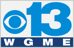 A light blue CBS eye next to a light blue sans serif numeral 13, with a blue box beneath and the widely spaced letters "W G M E" in white