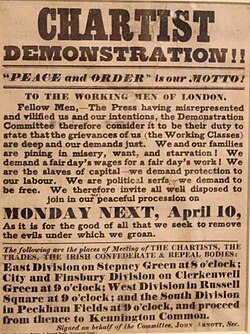 Text on the poster reads: "The Press having misrepresented and vilified us and our intentions, the Demonstration Committee therefore consider it to be their duty to state that the grievances of us (the Working Classes) are deep and our demands just. We and our families are pining in misery, want, and starvation ! We demand a fair day's wages for a fair day's work! We are the slaves of capital - we demand protection to our labour. We are political serfs - we demand to be free. We therefore invite all well disposed to join in our peaceful procession on MONDAY NEXT, April 10 as it is for the good of all that we seek to remove the evils under which we groan."